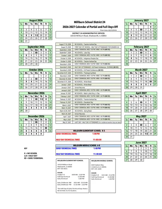 Millburn School District 24 2026–2027 Academic Calendar