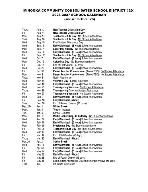 Minooka Community Consolidated School District #201 2026–2027 Academic Calendar