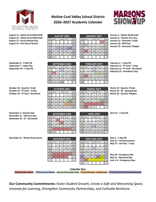 Moline-Coal Valley School District 2026–2027 Academic Calendar