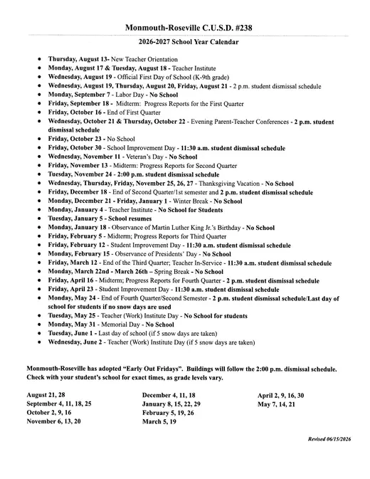 Monmouth-Roseville C.U.S.D. #238 2026–2027 Academic Calendar Page 1