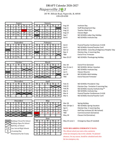 Naperville Community Unit School District 203 2026–2027 Academic Calendar