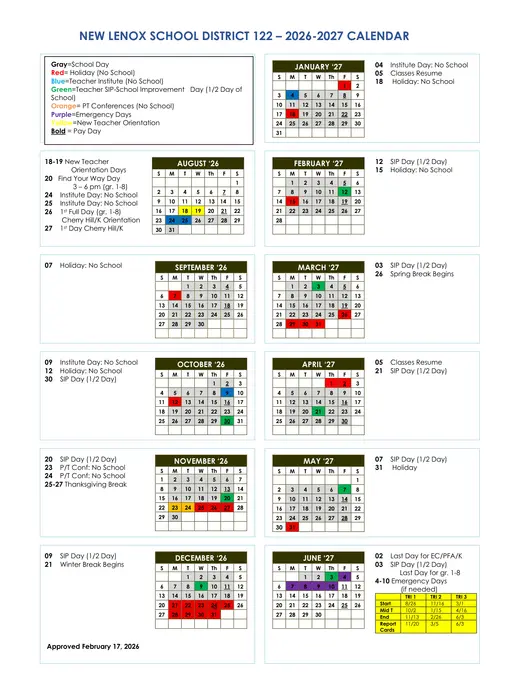 New Lenox School District 122 2026–2027 Academic Calendar