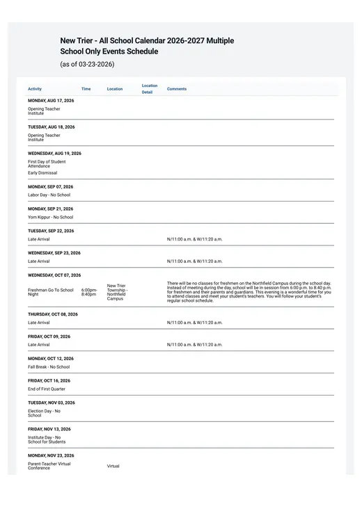 New Trier Township High School District 203 2026–2027 Academic Calendar Page 1