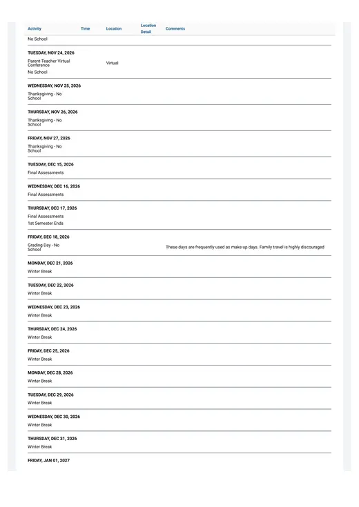New Trier Township High School District 203 2026–2027 Academic Calendar Page 2