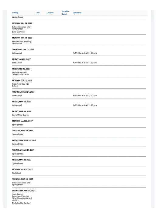 New Trier Township High School District 203 2026–2027 Academic Calendar Page 3