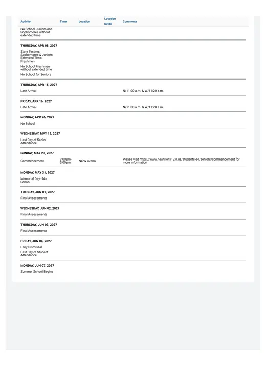 New Trier Township High School District 203 2026–2027 Academic Calendar Page 4