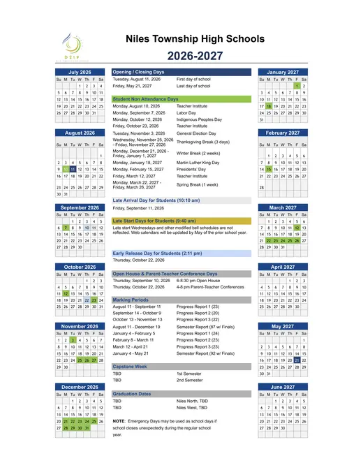 Niles Township High Schools 2026–2027 Academic Calendar Page 1