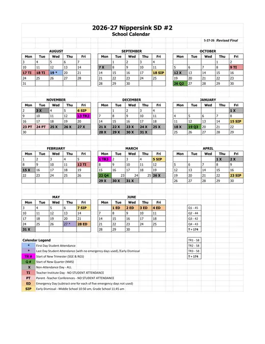 Nippersink SD #2 2026–2027 Academic Calendar