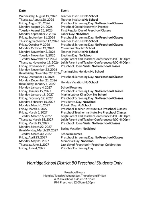Norridge School District 80 Preschool Students Only 2026–2027 Academic Calendar