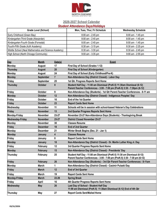 North Chicago School District 187 2026–2027 Academic Calendar Page 1