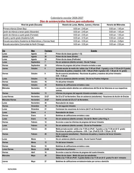 North Chicago School District 187 2026–2027 Academic Calendar Page 2