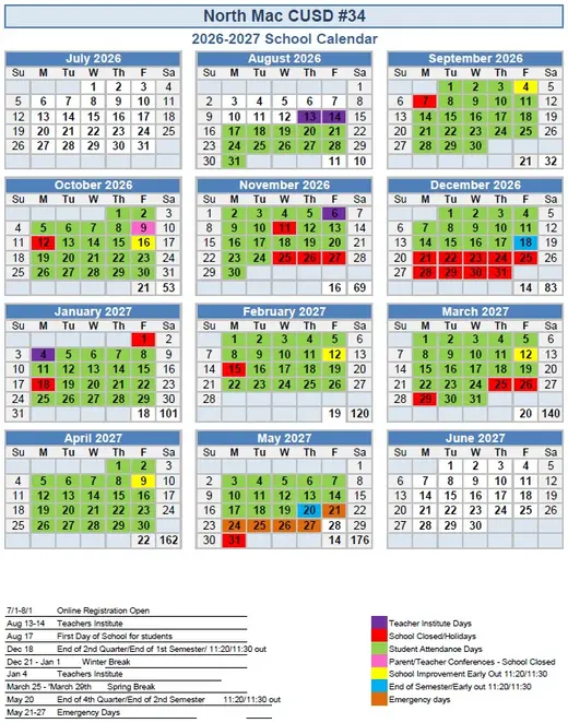 North Mac Cusd #34 2026–2027 Academic Calendar Page 2
