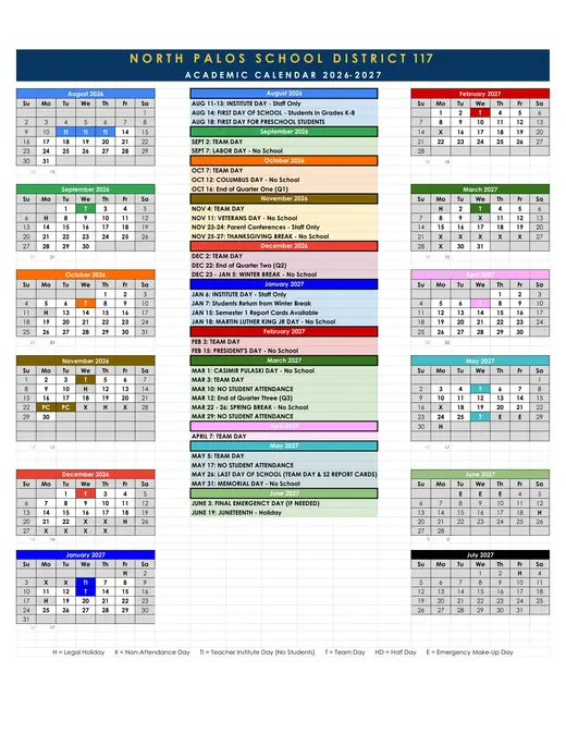 North Palos School District 117 2026–2027 Academic Calendar Page 1