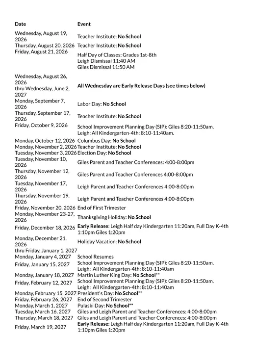 North School District 80 2026–2027 Academic Calendar Page 1