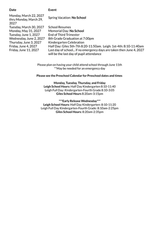 North School District 80 2026–2027 Academic Calendar Page 2