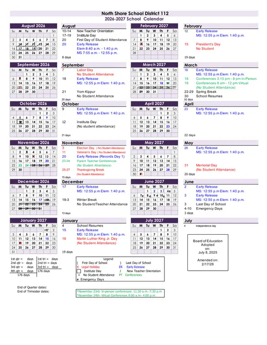 North Shore School District 112 2026–2027 Academic Calendar