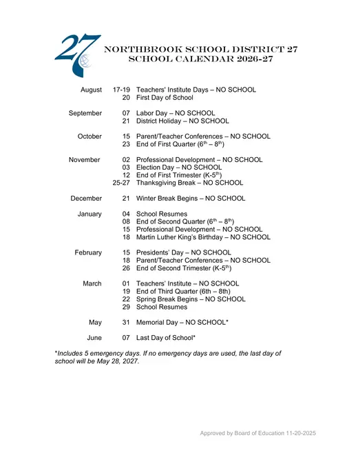 Northbrook School District 27 2026–2027 Academic Calendar