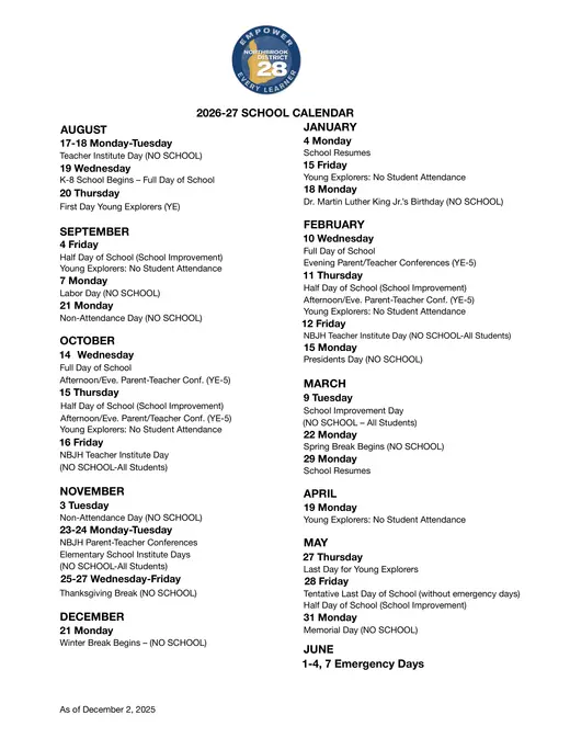 Northbrook School District 28 2026–2027 Academic Calendar