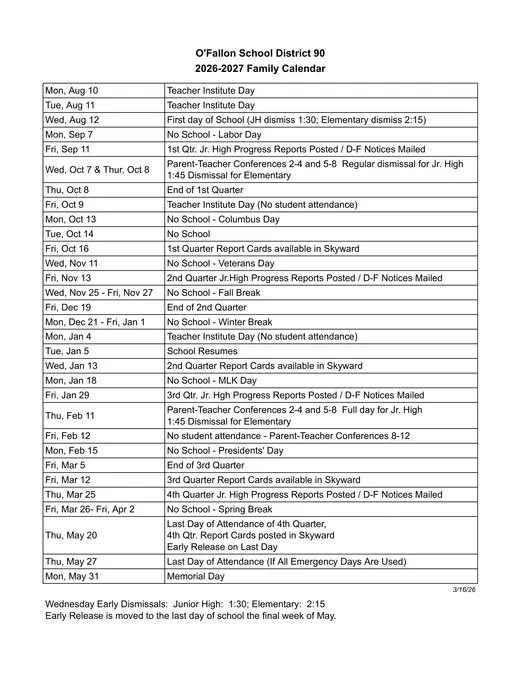 O'Fallon Community Consolidated School District No. 90 2026–2027 Academic Calendar