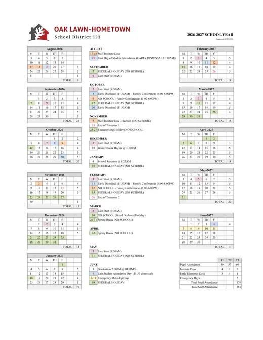 Oak Lawn-Hometown School District 123 2026–2027 Academic Calendar