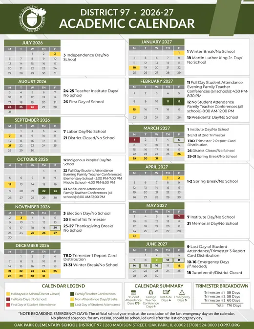 Oak Park Elementary School District 97 2026–2027 Academic Calendar