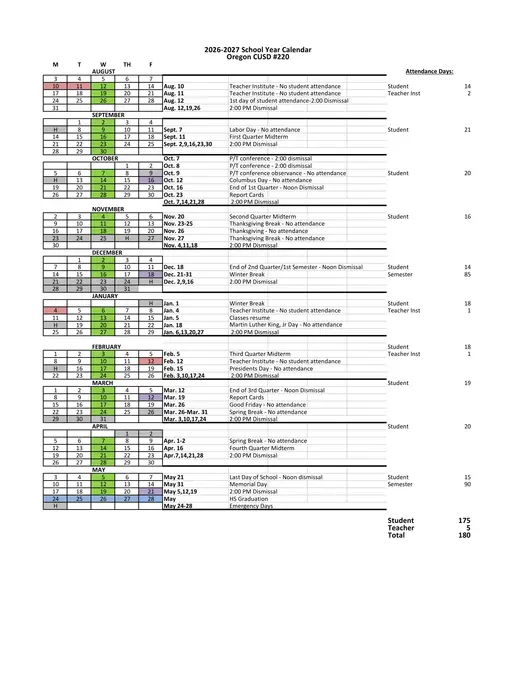 Oregon CUSD #220 2026–2027 Academic Calendar