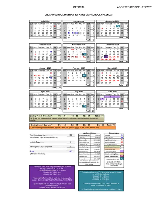 Orland School District 135 2026–2027 Academic Calendar