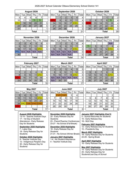 Ottawa Elementary School District 141 2026–2027 Academic Calendar Page 1