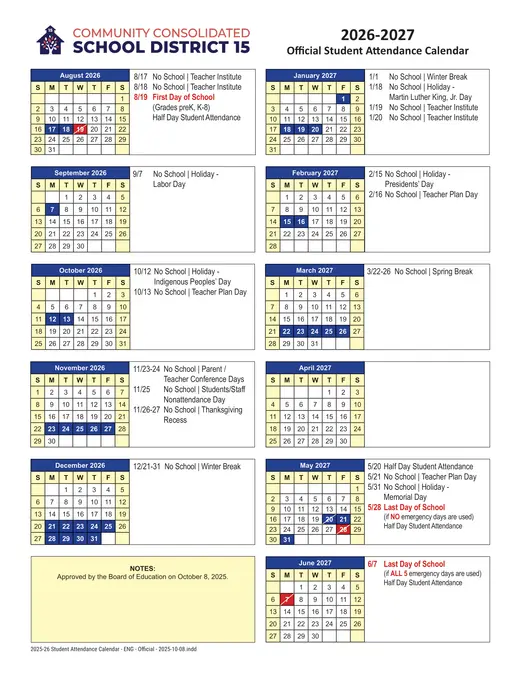 Palatine 15 CCSD 2026-2027 Academic Calendar