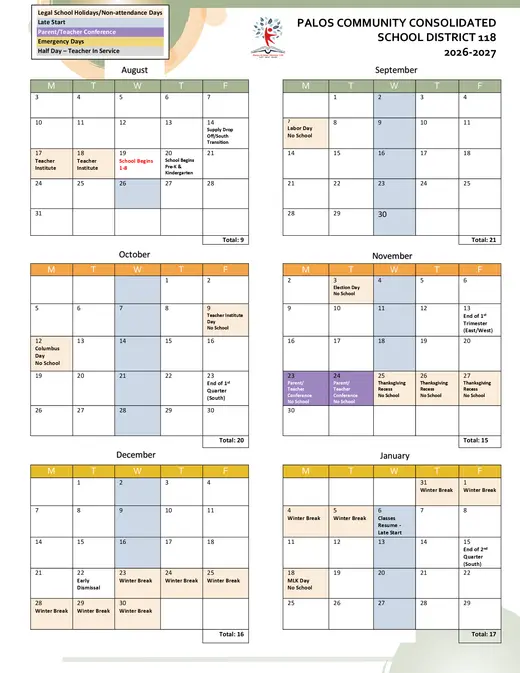 Palos Community Consolidated School District 118 2026–2027 Academic Calendar Page 1