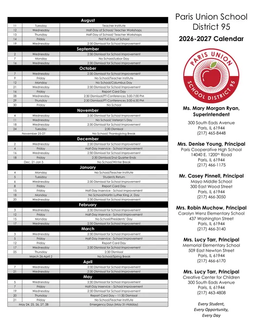 Paris Union School District 95 2026–2027 Academic Calendar
