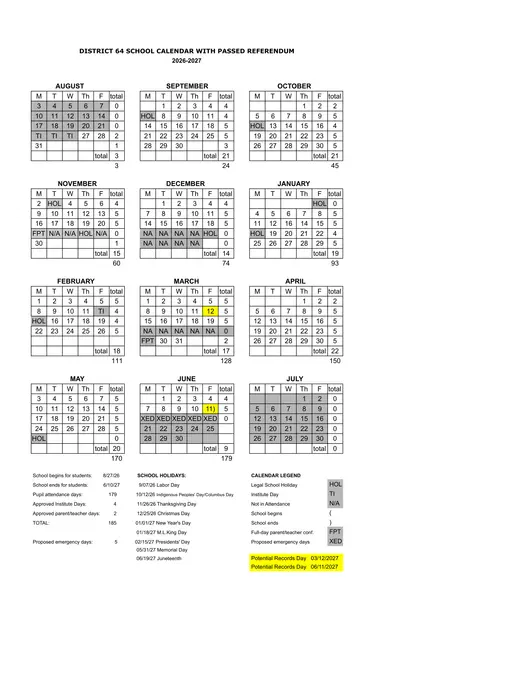 Park Ridge-Niles School District 64 2026–2027 Academic Calendar