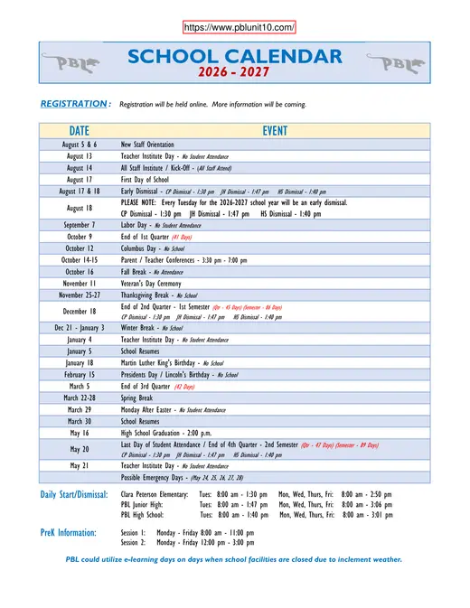 PBL Unit 10 2026–2027 Academic Calendar