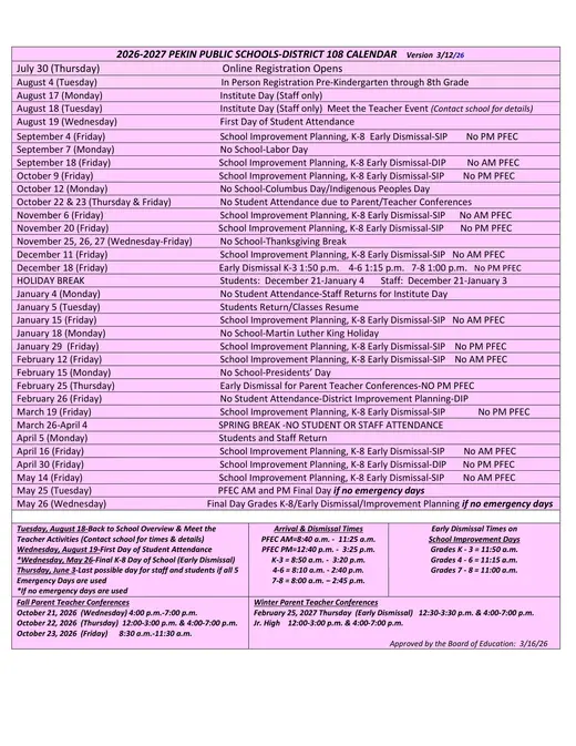Pekin Public Schools District 108 2026–2027 Academic Calendar