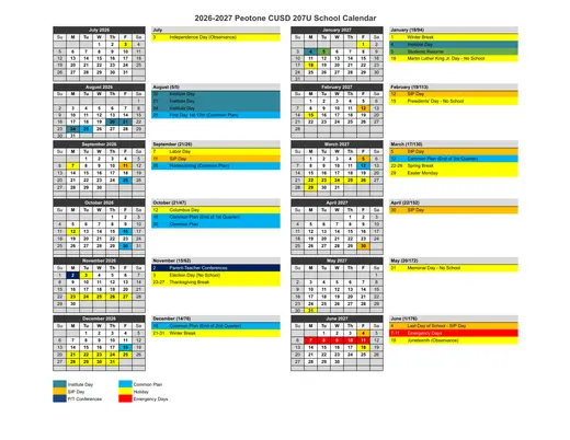 Peotone CUSD 207U 2026–2027 Academic Calendar