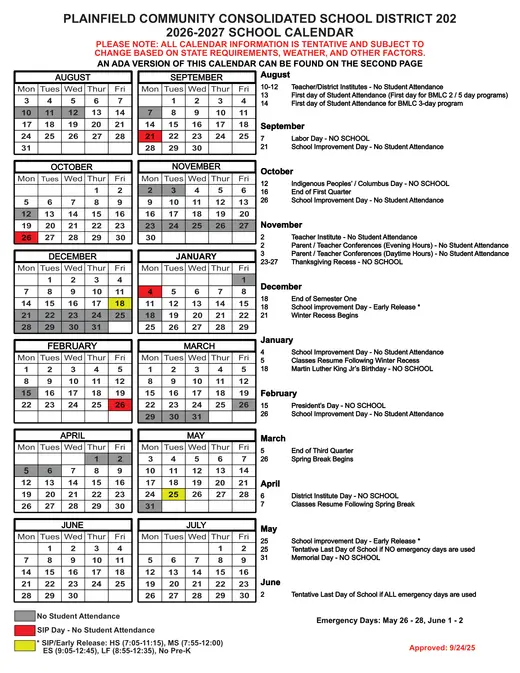 Plainfield Community Consolidated School District 202 2026–2027 Academic Calendar Page 1