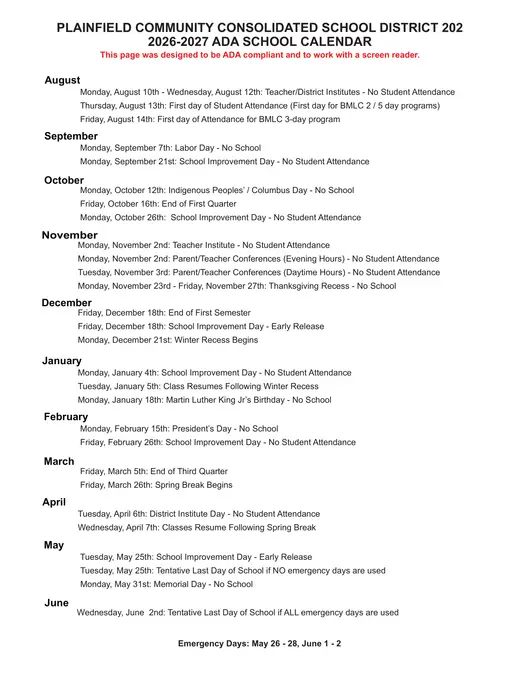 Plainfield Community Consolidated School District 202 2026–2027 Academic Calendar Page 2