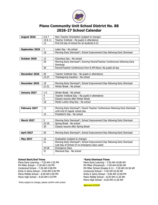 Plano Community Unit School District No. 88 2026–2027 Academic Calendar Page 1