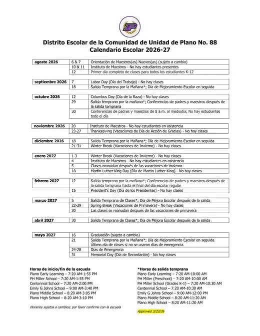 Plano Community Unit School District No. 88 2026–2027 Academic Calendar Page 2