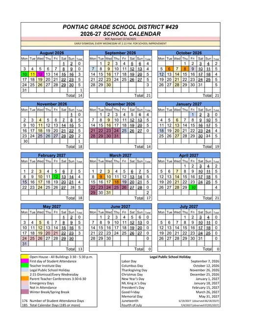 Pontiac Grade School District #429 2026–2027 Academic Calendar