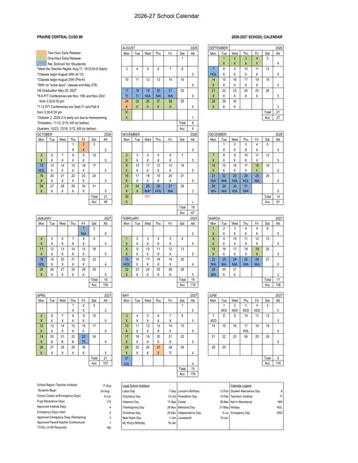 Prairie Central Cusd #8 2026–2027 Academic Calendar Page 1