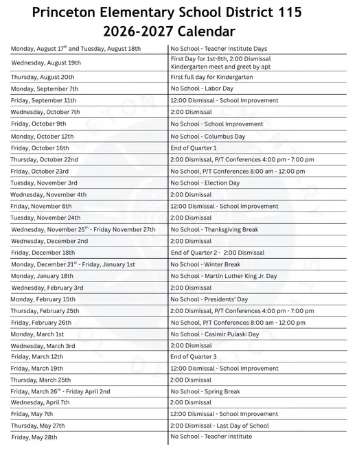 Princeton Elementary School District 115 2026–2027 Academic Calendar Page 2