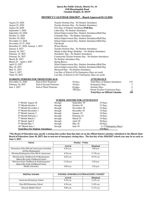 Queen Bee Public Schools, District No. 16 2026–2027 Academic Calendar