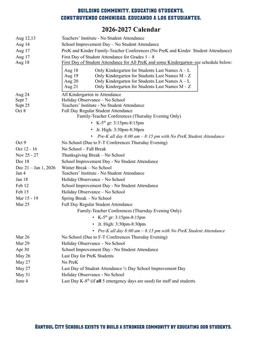 Rantoul City Schools 2026–2027 Academic Calendar