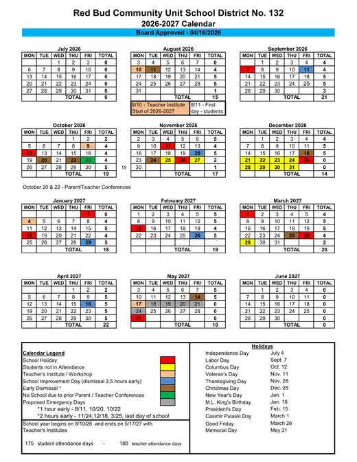 Red Bud Community Unit School District No. 132 2026–2027 Academic Calendar