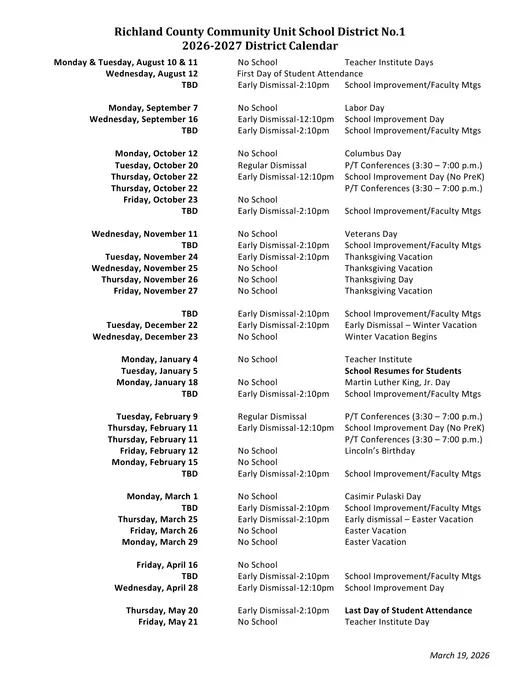 Richland County Community Unit School District No.1 2026–2027 Academic Calendar Page 1