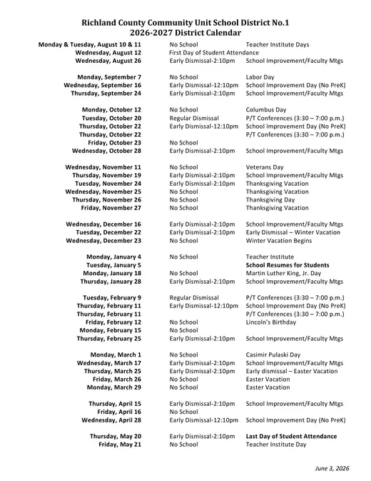 Richland County Community Unit School District No.1 2026–2027 Academic Calendar Page 2