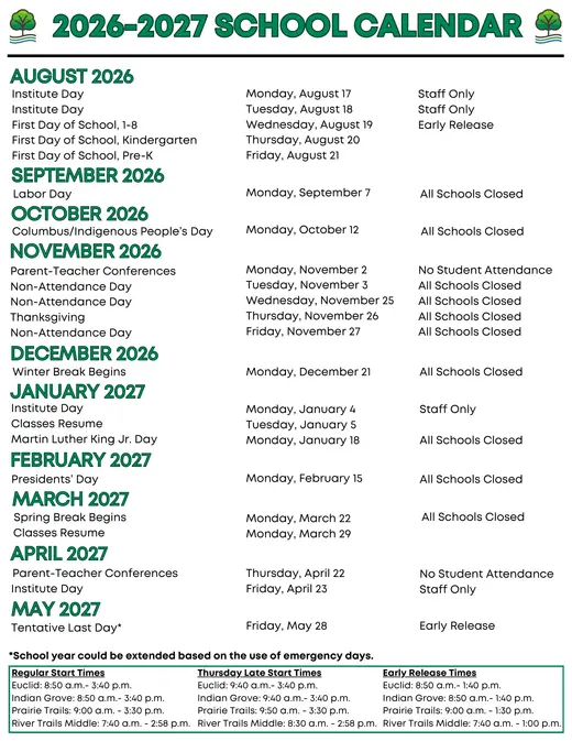 River Trails School District 26 2026–2027 Academic Calendar Page 2