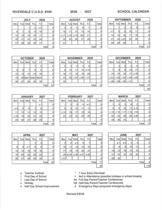 Riverdale C.u.s.d. #100 2026–2027 Academic Calendar Page 1