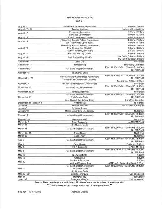 Riverdale C.u.s.d. #100 2026–2027 Academic Calendar Page 2